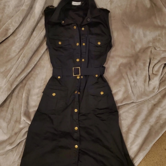 calvin klein black dress with gold buttons Calvin Klein Black Dress With Gold Buttons & Belt